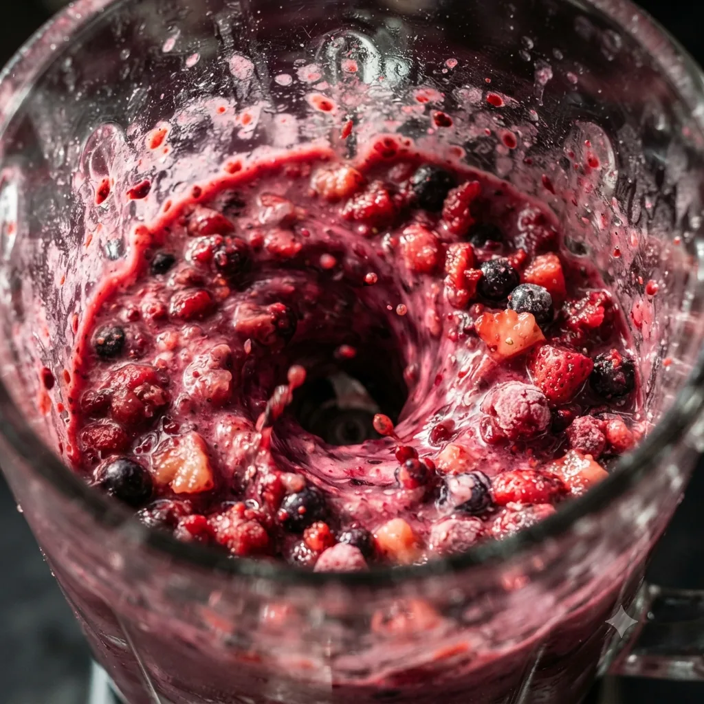 Close-up looking down into a blender jar as frozen berries and fruit chunks fold into a deep vortex around the blade.