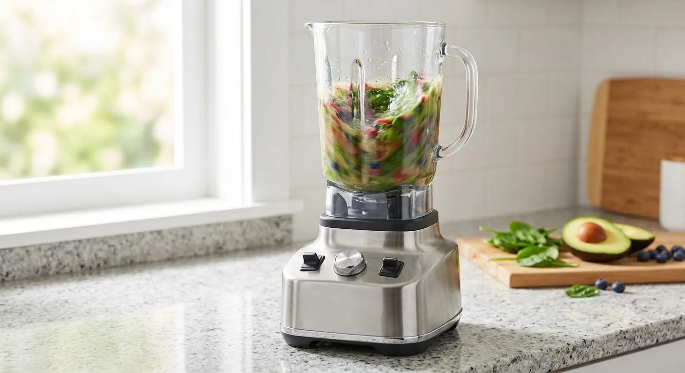A stainless-base countertop blender running on a granite kitchen counter, its glass jar full of swirling greens and fruit, with spinach, half an avocado and blueberries on a wooden board beside it.