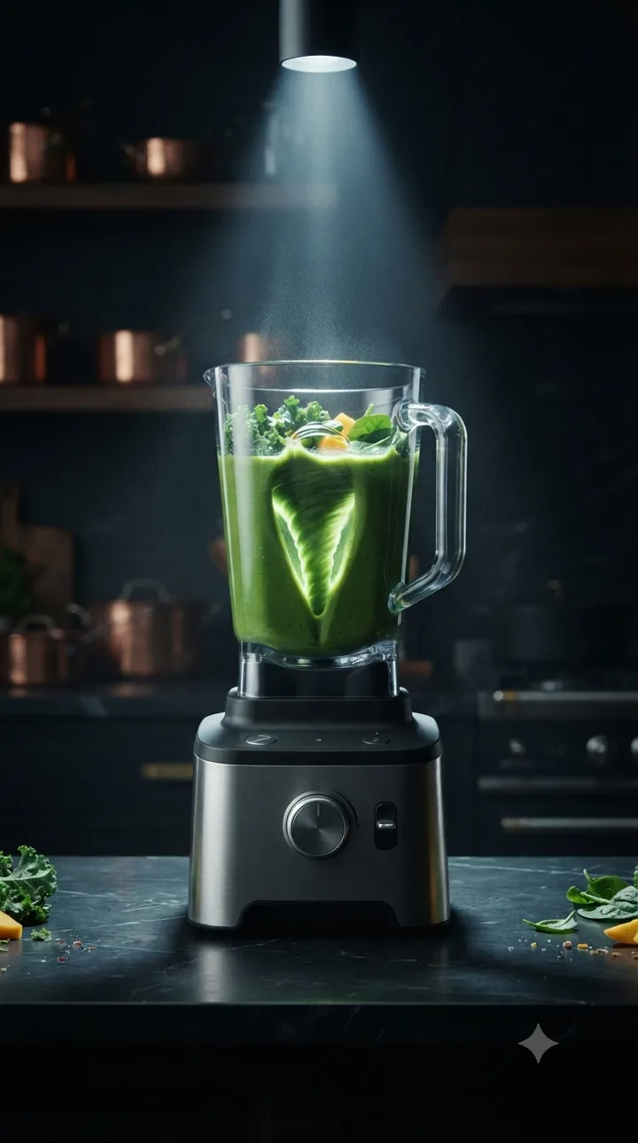 A tall countertop blender lit dramatically from above, a beam of light catching the jar against a dark kitchen background.